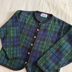 Tally Ho Vintage 100% Wool Sweater Cardigan Gold Buttons Plaid Green/Blue Sz XL
